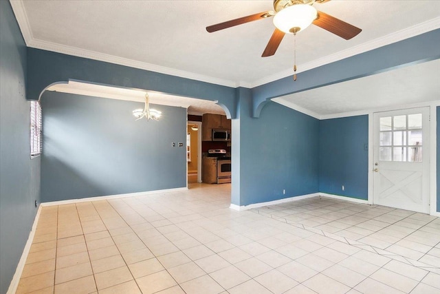 empty room with ceiling fan with notable chandelier and ornamental molding