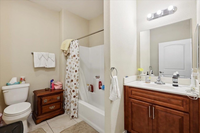 full bath with toilet, tile patterned flooring, shower / tub combo with curtain, and vanity