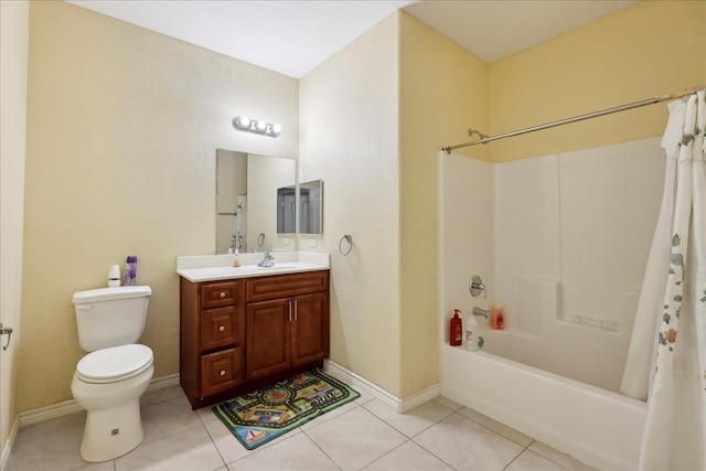 full bathroom with shower / bath combination with curtain, toilet, vanity, baseboards, and tile patterned floors