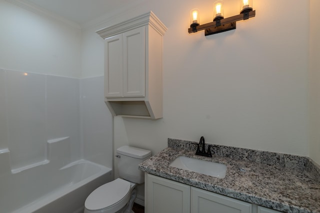 bathroom featuring shower / bathtub combination, ornamental molding, vanity, and toilet