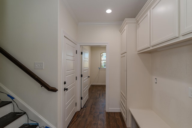 mudroom featuring baseboards, ornamental molding, dark wood-type flooring, and recessed lighting