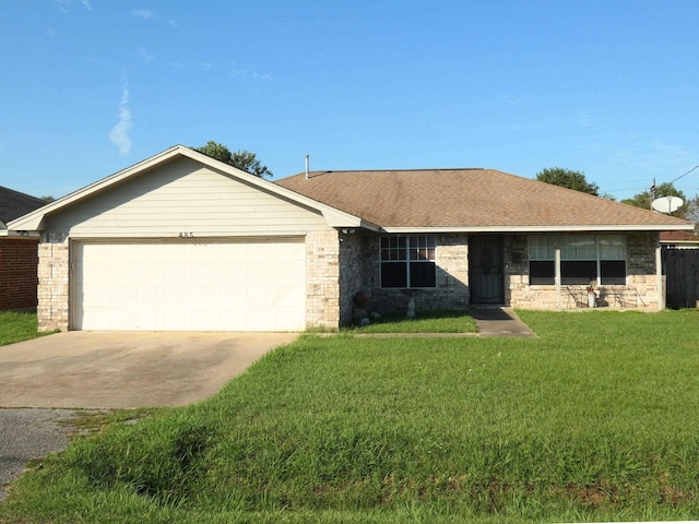 485 Neicy St, Beaumont, TX 77701 - ranch-style house with an attached garage, driveway, a front yard, and stone siding