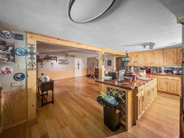 1537 Hillebrandt Acres, Beaumont, TX 77705 - kitchen with light wood-style flooring, a ceiling fan, light brown cabinets, dark countertops, and a kitchen island