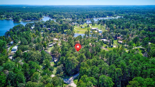 drone / aerial view featuring a water view and a wooded view