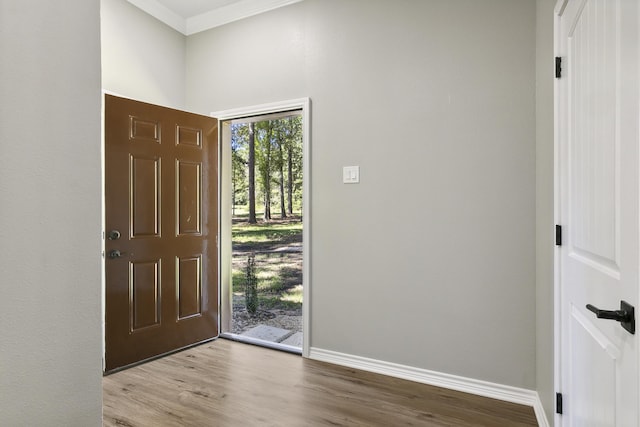 foyer with crown molding, wood finished floors, and baseboards