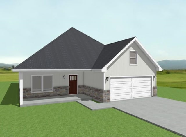 view of front of home featuring driveway, stone siding, a mountain view, and a front yard