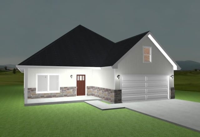 exterior space featuring a garage, stone siding, concrete driveway, and a front yard