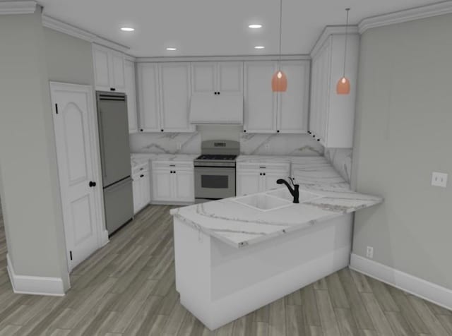 kitchen with a peninsula, a sink, fridge, stainless steel range with gas stovetop, and custom range hood