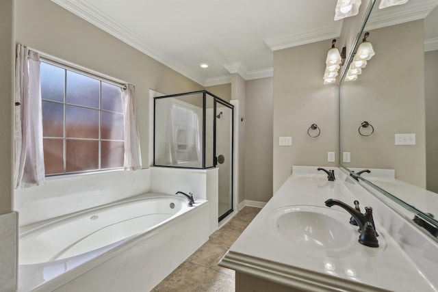 full bathroom with a shower stall, a sink, a bath, and crown molding