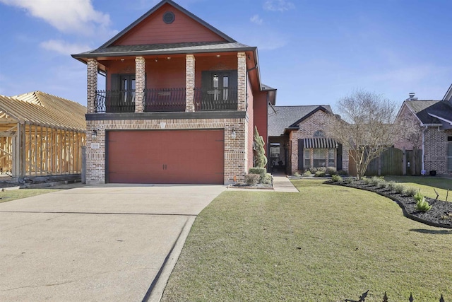 view of front facade featuring a front yard, concrete driveway, brick siding, and a balcony