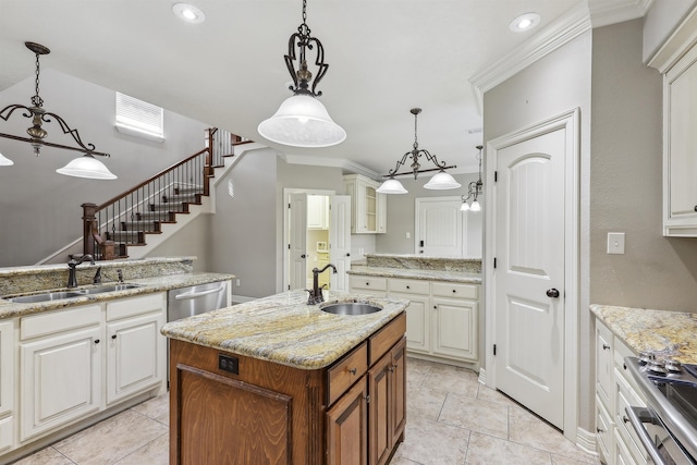 kitchen featuring stainless steel dishwasher, a sink, range, and crown molding