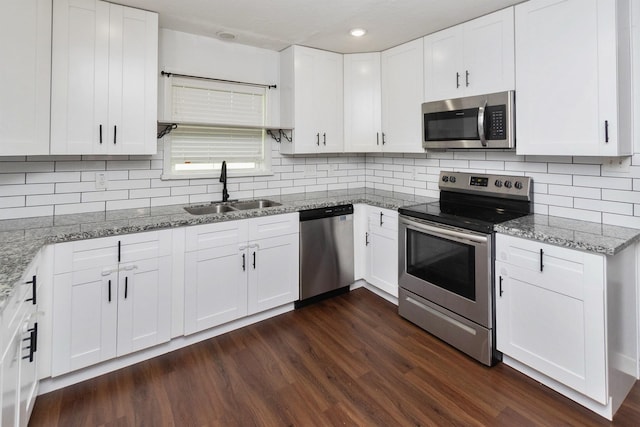 kitchen with sink, white cabinetry, tasteful backsplash, dark hardwood / wood-style flooring, and stainless steel appliances