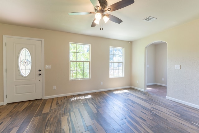 entryway featuring ceiling fan and dark hardwood / wood-style flooring