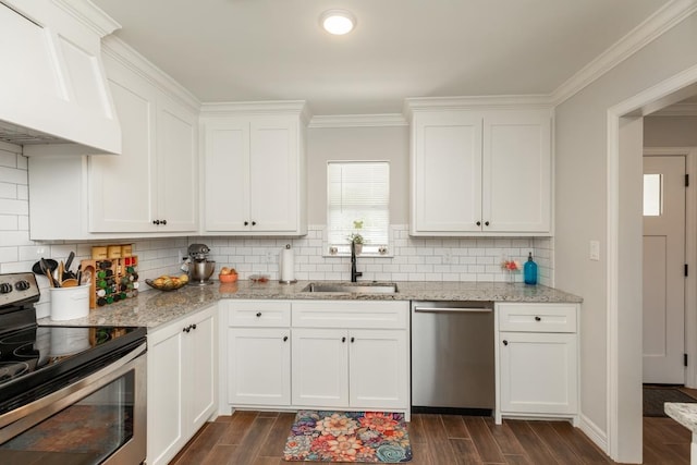 3750 Empire Row, Beaumont, TX 77706 - kitchen featuring appliances with stainless steel finishes, custom exhaust hood, dark wood-type flooring, backsplash, and crown molding