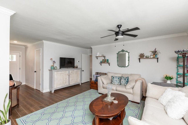 3750 Empire Row, Beaumont, TX 77706 - living area with dark wood-style floors, crown molding, ceiling fan, and recessed lighting