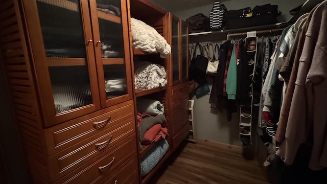 walk in closet with dark hardwood / wood-style floors