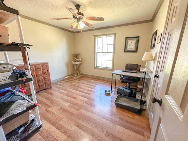 home office featuring ceiling fan, crown molding, a textured ceiling, and light hardwood / wood-style flooring