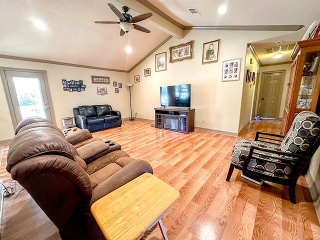 living room with vaulted ceiling with beams, ceiling fan, light hardwood / wood-style flooring, and crown molding