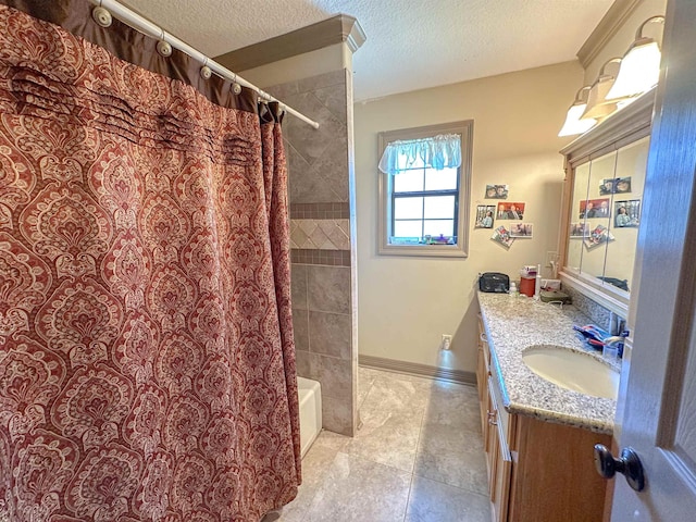 bathroom featuring a textured ceiling, vanity, tile patterned floors, and shower / bathtub combination with curtain