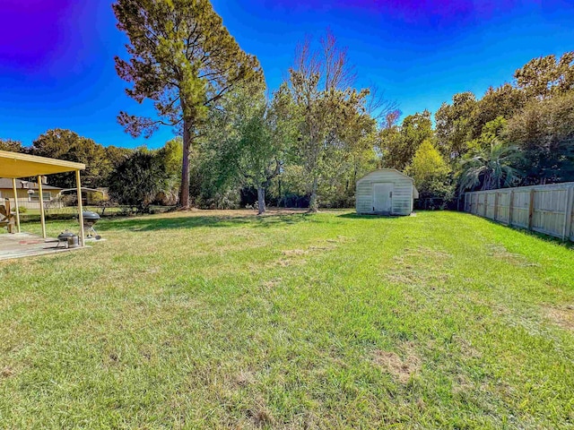 view of yard featuring a storage unit