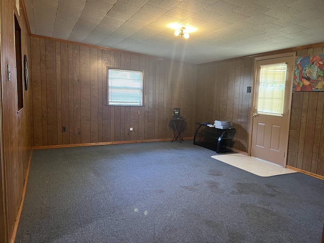 carpeted spare room with wooden walls