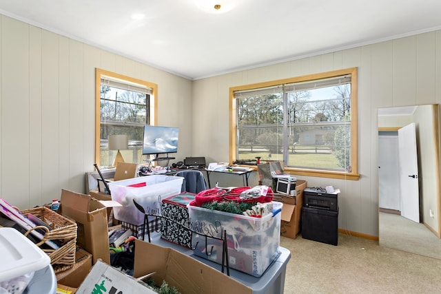 carpeted office space with baseboards and ornamental molding