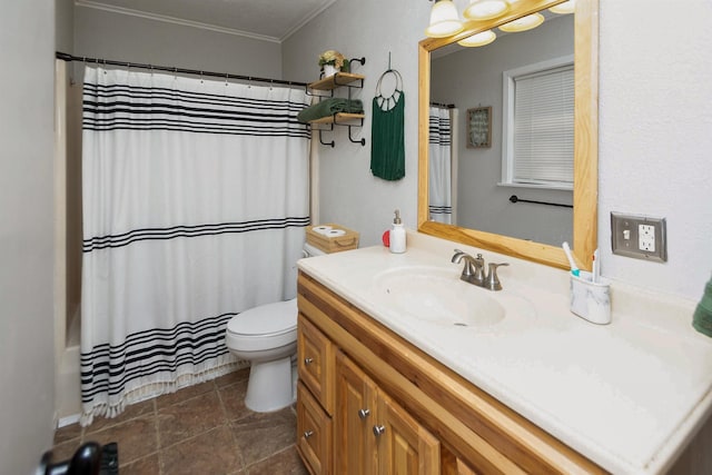 full bathroom featuring shower / bath combo, vanity, toilet, and ornamental molding