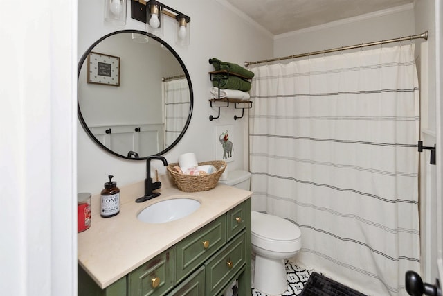 bathroom featuring vanity, toilet, and crown molding