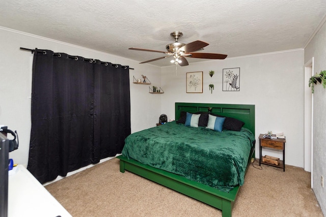 carpeted bedroom with ceiling fan, a textured ceiling, and ornamental molding