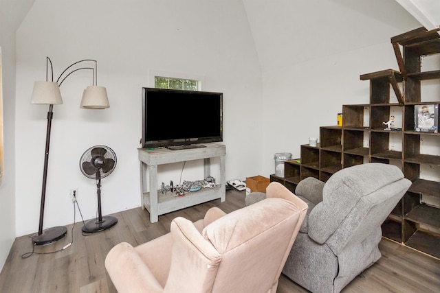 living room featuring hardwood / wood-style flooring and high vaulted ceiling