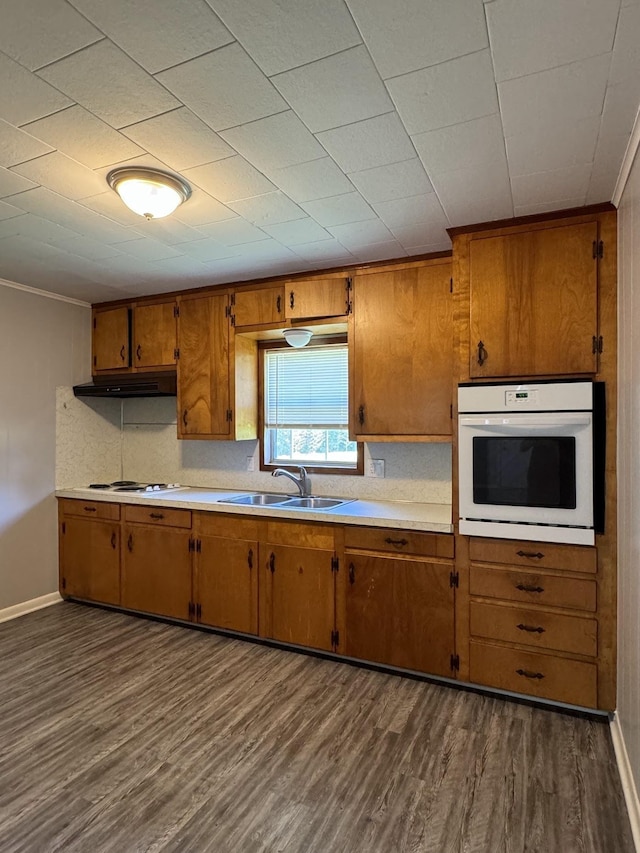 kitchen with crown molding, sink, dark wood-type flooring, and white appliances