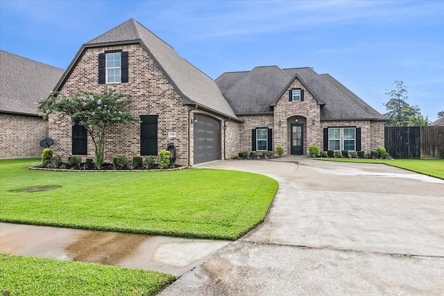 view of front of property with a garage and a front lawn