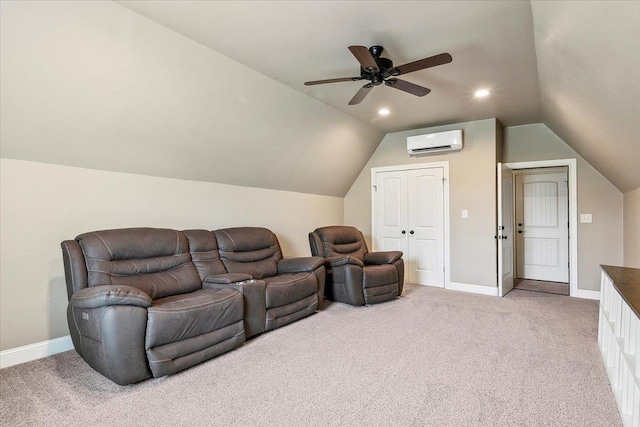 home theater featuring light carpet, a wall unit AC, ceiling fan, and lofted ceiling