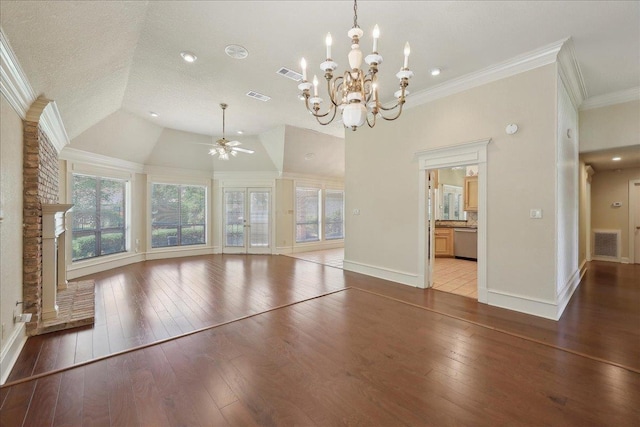 4711 Burns Cir, Orange, TX 77630 - unfurnished living room with a ceiling fan, ornamental molding, hardwood / wood-style flooring, a chandelier, and baseboards