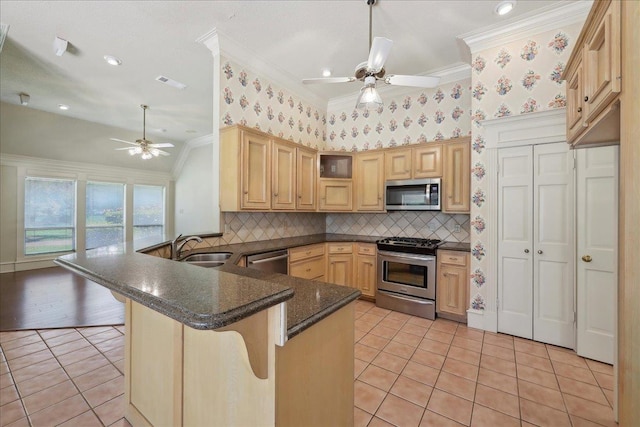 4711 Burns Cir, Orange, TX 77630 - kitchen featuring appliances with stainless steel finishes, ceiling fan, crown molding, a peninsula, and light tile patterned flooring