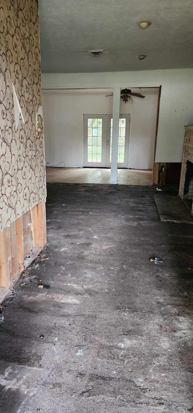 interior space with a brick fireplace