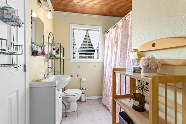 full bath with wooden ceiling, toilet, and vanity