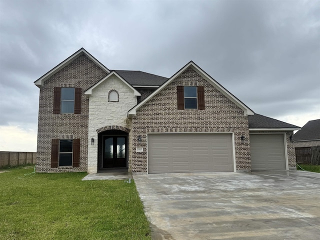 14865 Norma Jane Ln, Beaumont, TX 77713 - traditional-style home featuring french doors, concrete driveway, brick siding, a garage, and a shingled roof