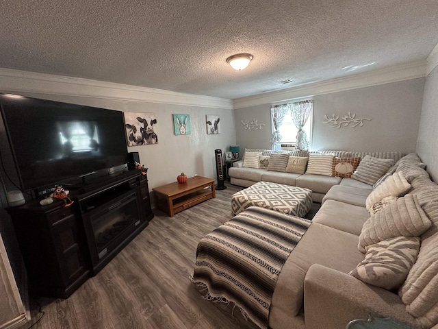 living room featuring hardwood / wood-style flooring, a textured ceiling, and ornamental molding