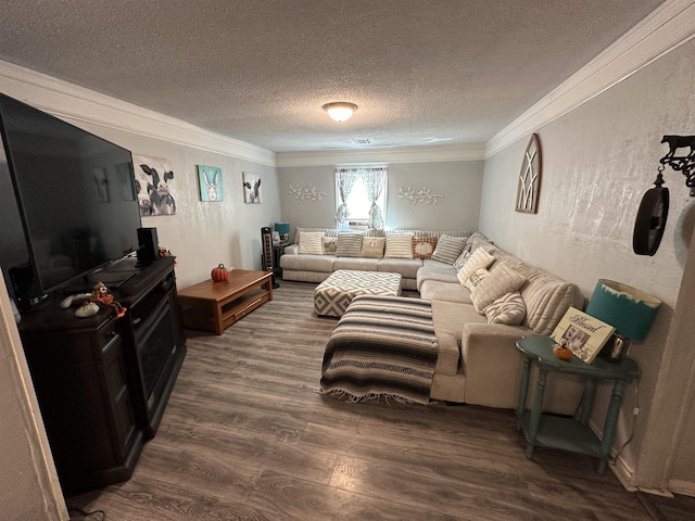 living room featuring dark hardwood / wood-style floors, crown molding, and a textured ceiling