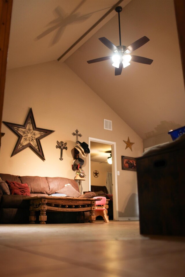 bedroom with lofted ceiling with beams