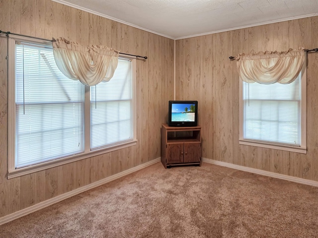 unfurnished living room featuring wooden walls, crown molding, and carpet floors