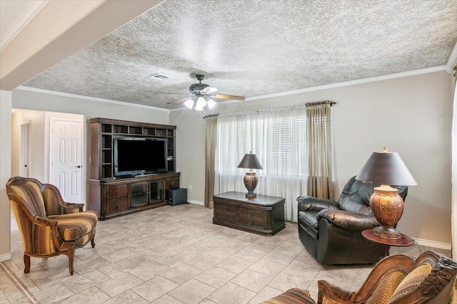 living room with a textured ceiling, ceiling fan, and crown molding