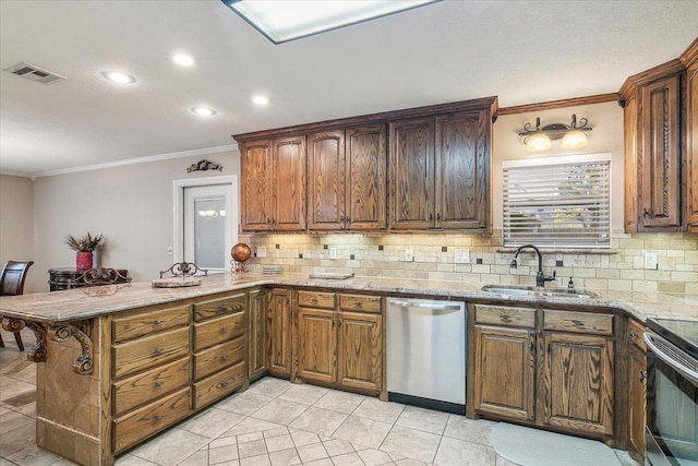 kitchen with dishwasher, kitchen peninsula, sink, and tasteful backsplash