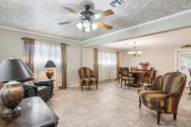 living room with ceiling fan with notable chandelier, plenty of natural light, and ornamental molding