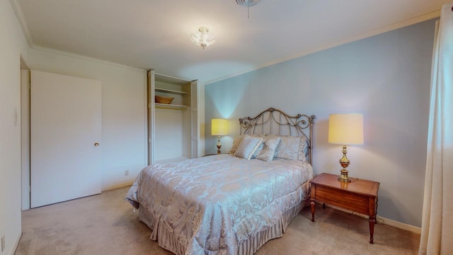 6225 Pansy Dr, Beaumont, TX 77706 - bedroom with light colored carpet, a closet, and crown molding