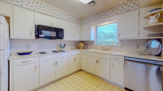6225 Pansy Dr, Beaumont, TX 77706 - kitchen with white appliances, open shelves, light countertops, crown molding, and white cabinets