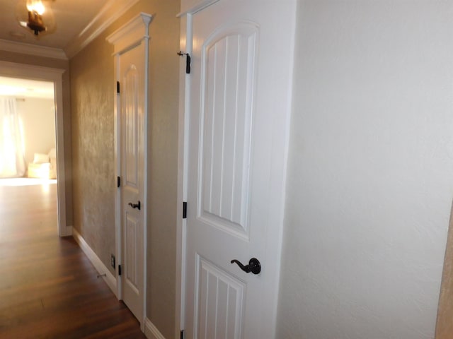 corridor featuring baseboards, wood finished floors, and crown molding