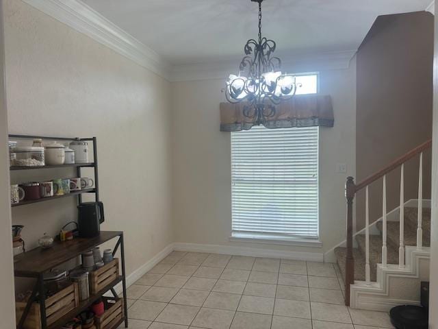 10994 Bessie Heights Rd, Orange, TX 77630 - dining space featuring a chandelier, stairs, light tile patterned floors, and crown molding