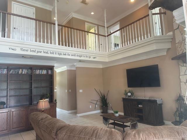 10994 Bessie Heights Rd, Orange, TX 77630 - living room with crown molding, a towering ceiling, light tile patterned floors, and recessed lighting